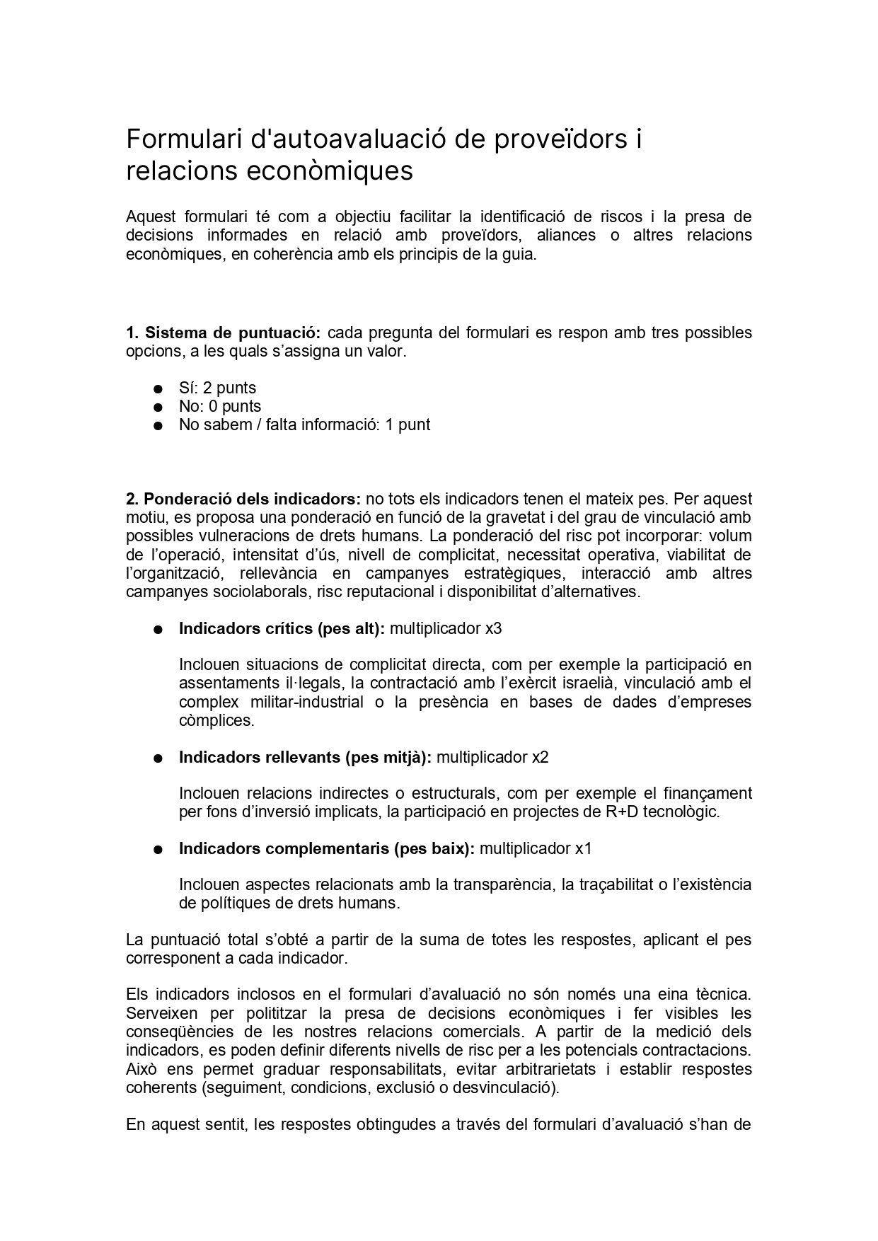 Formulari d’autoavaluació de proveïdors i relacions econòmiques